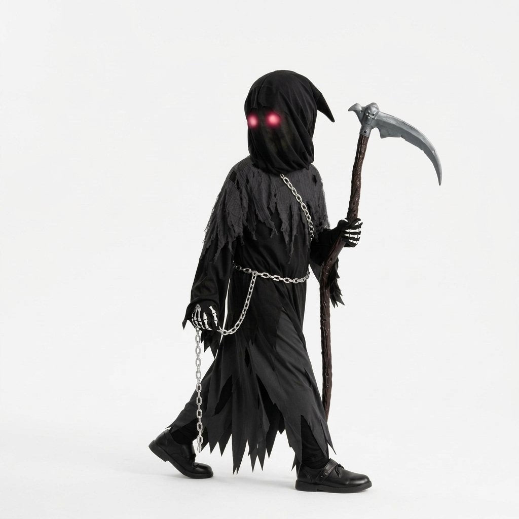Children's Grim Reaper Halloween Costume Set with Glowing Red Eyes and Toy Scythe — Black