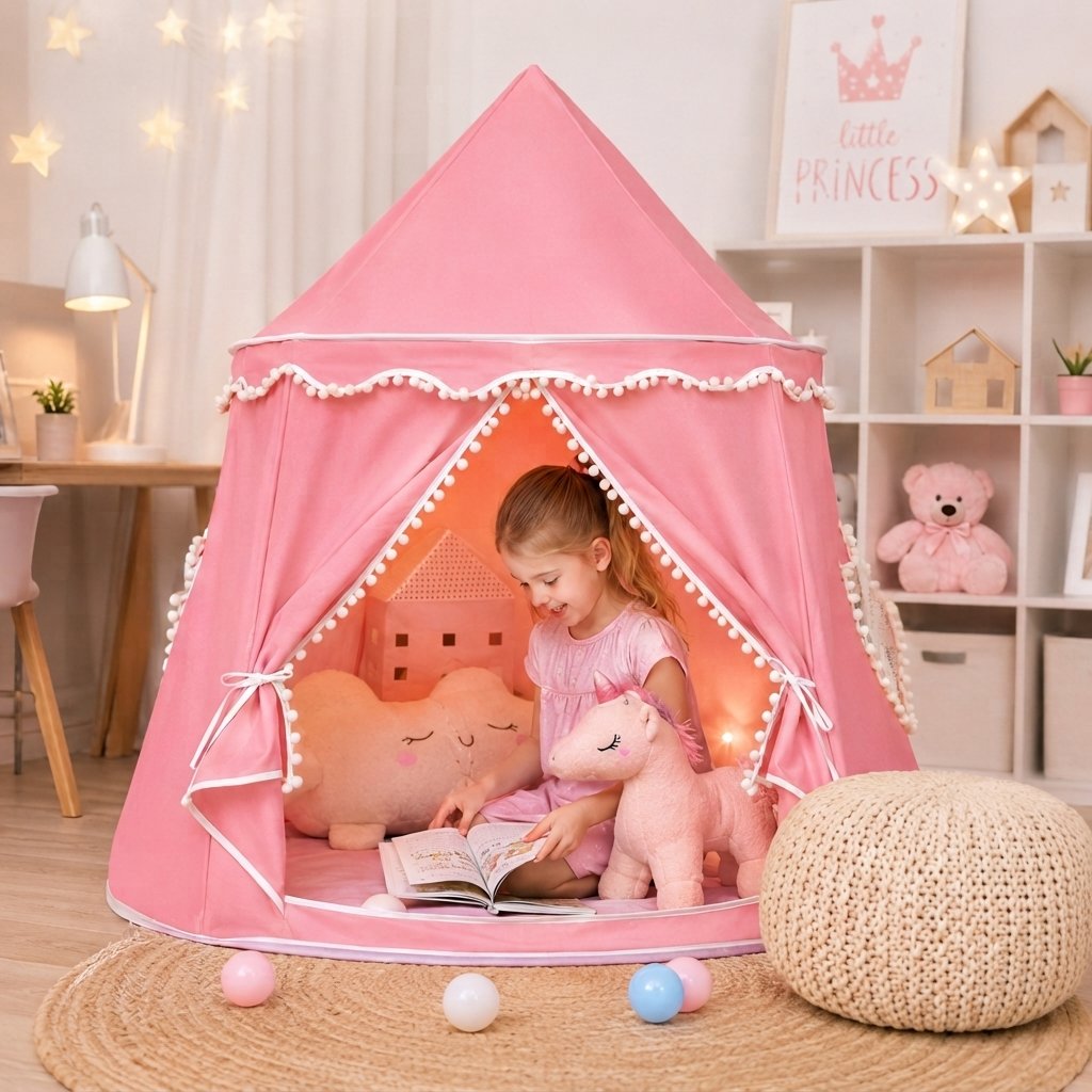 Children's Indoor Play Tent with Pom-Pom Detail — Pink