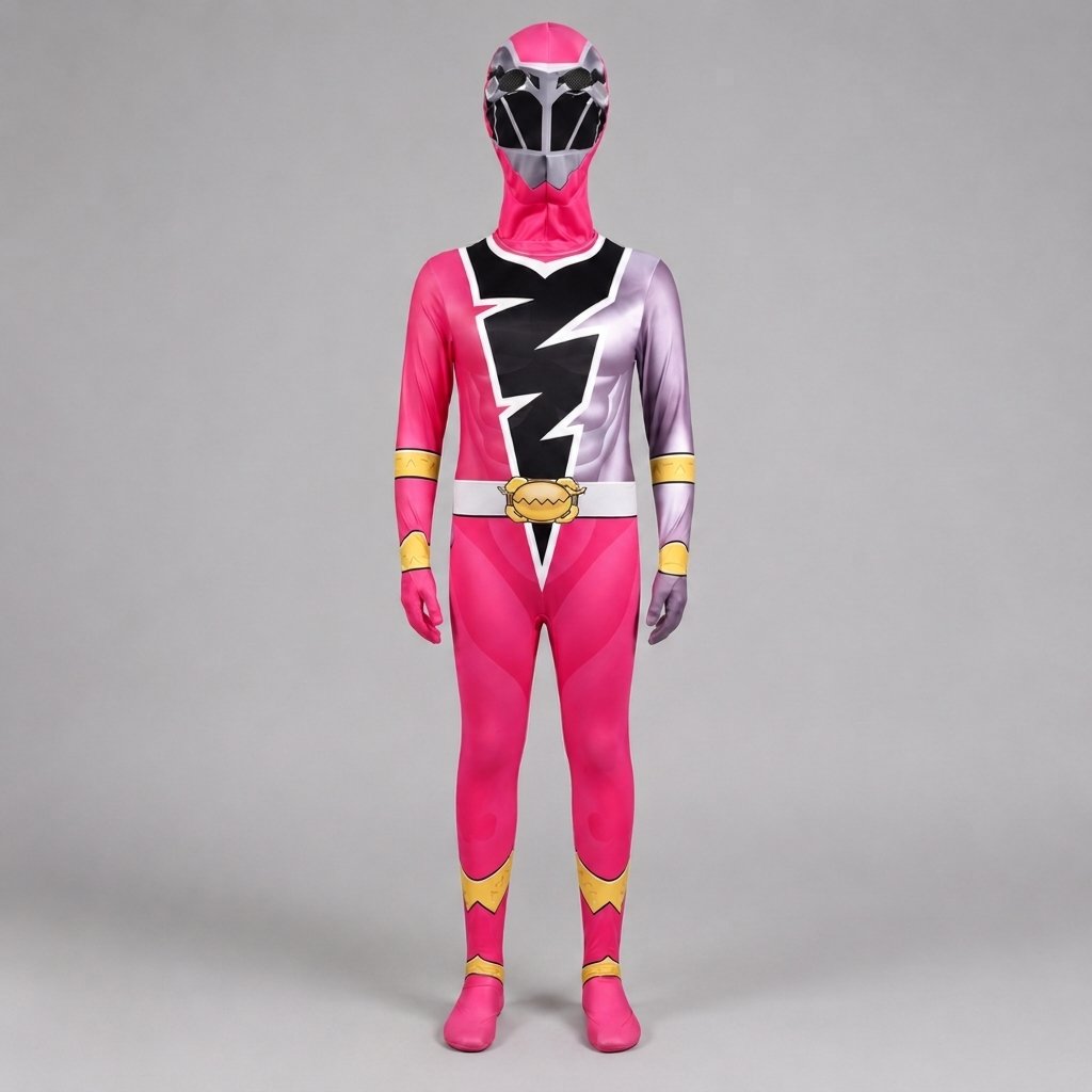 Children's Superhero Lightning Bolt Full-Body Jumpsuit Costume with Integrated Hood Mask, Gloves and Feet — Pink
