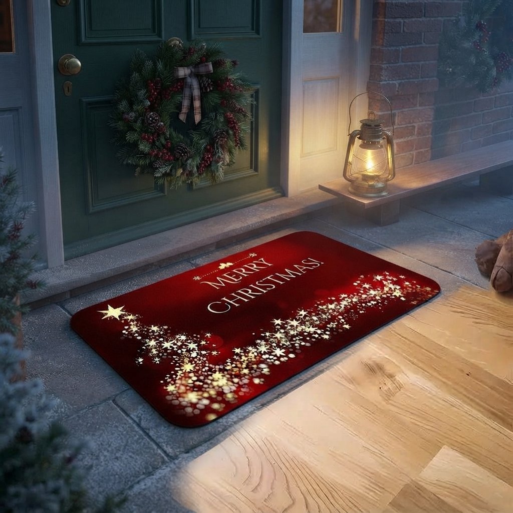 Christmas Door Mat with Golden Star Swirl, Non-Slip — 30x50cm