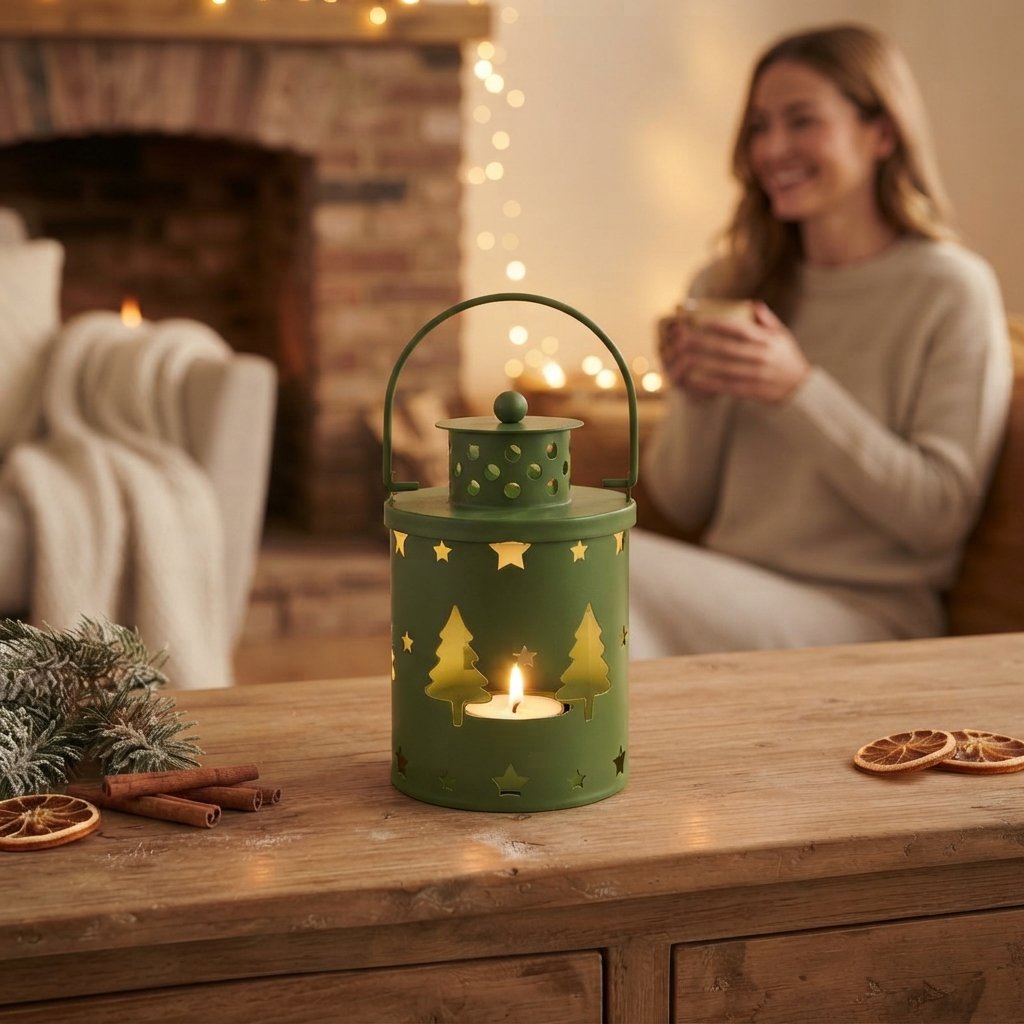 Christmas Metal Lantern Set with Festive Cut-Out Designs — Green