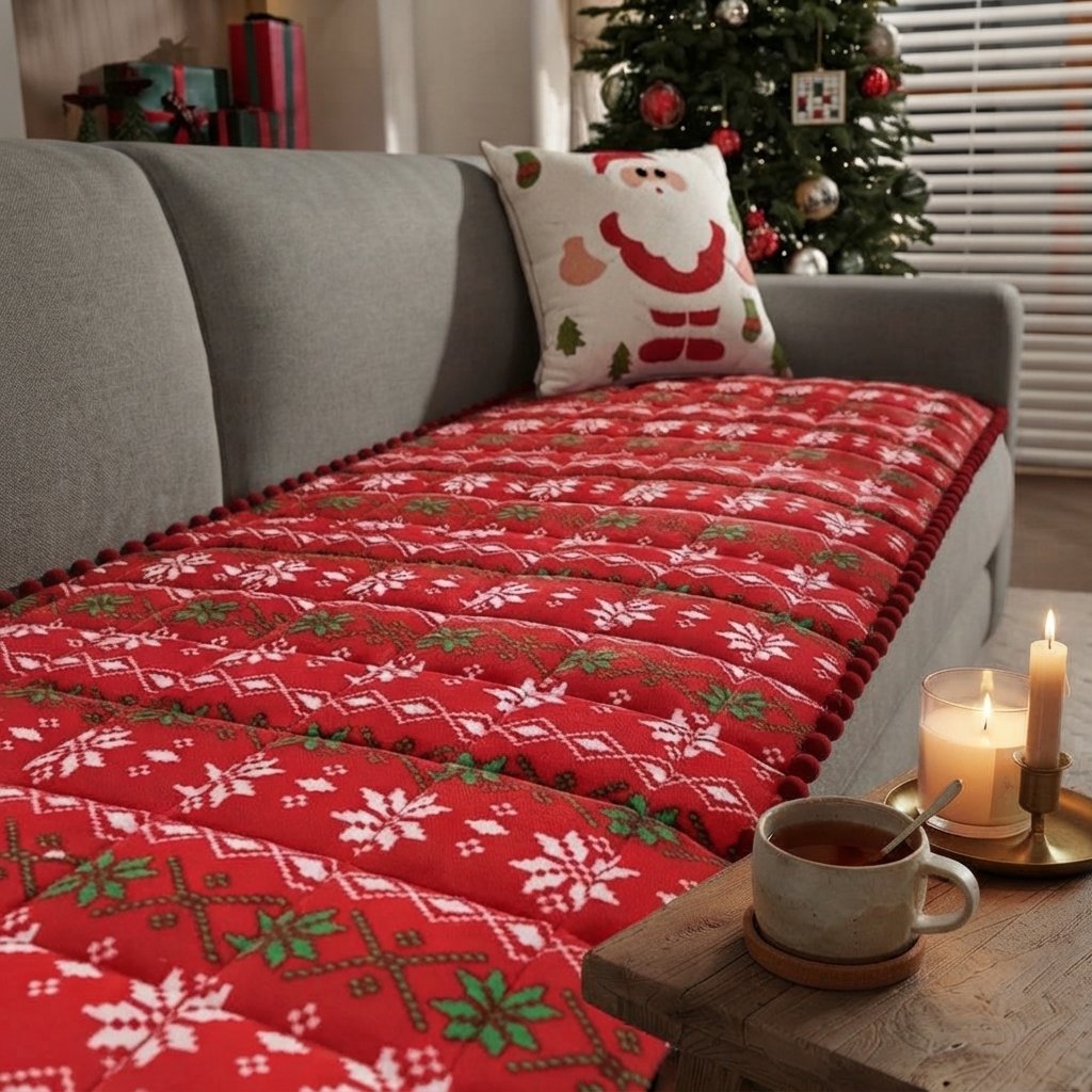 Christmas Quilted Sofa Cushion Cover with Snowflake Pattern — Festive Red