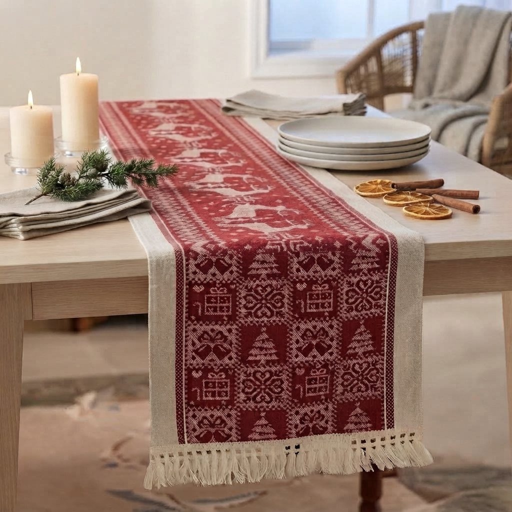 Christmas Table Runner with Reindeer and Tassel Edges — Reindeer Weave