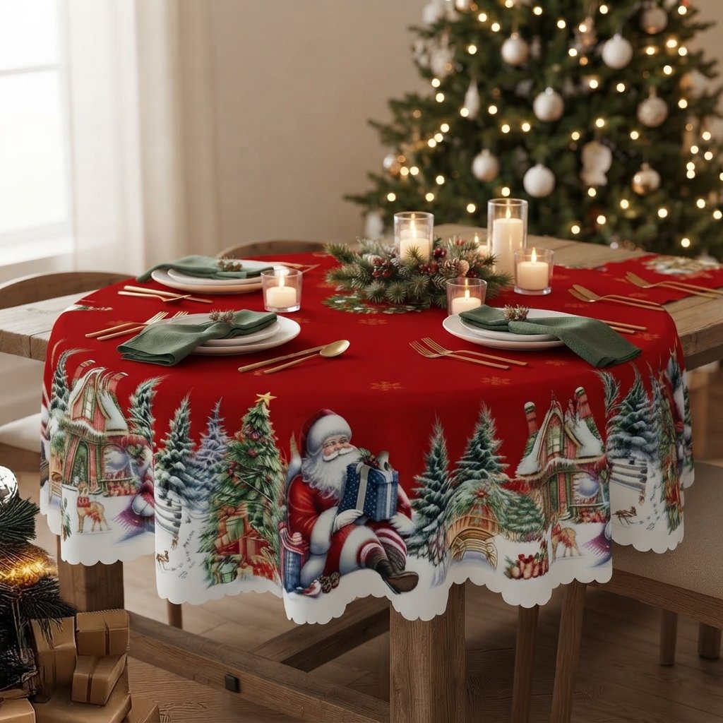 Christmas Tablecloth – Santa & Snowflake Festive Design — Pattern 1