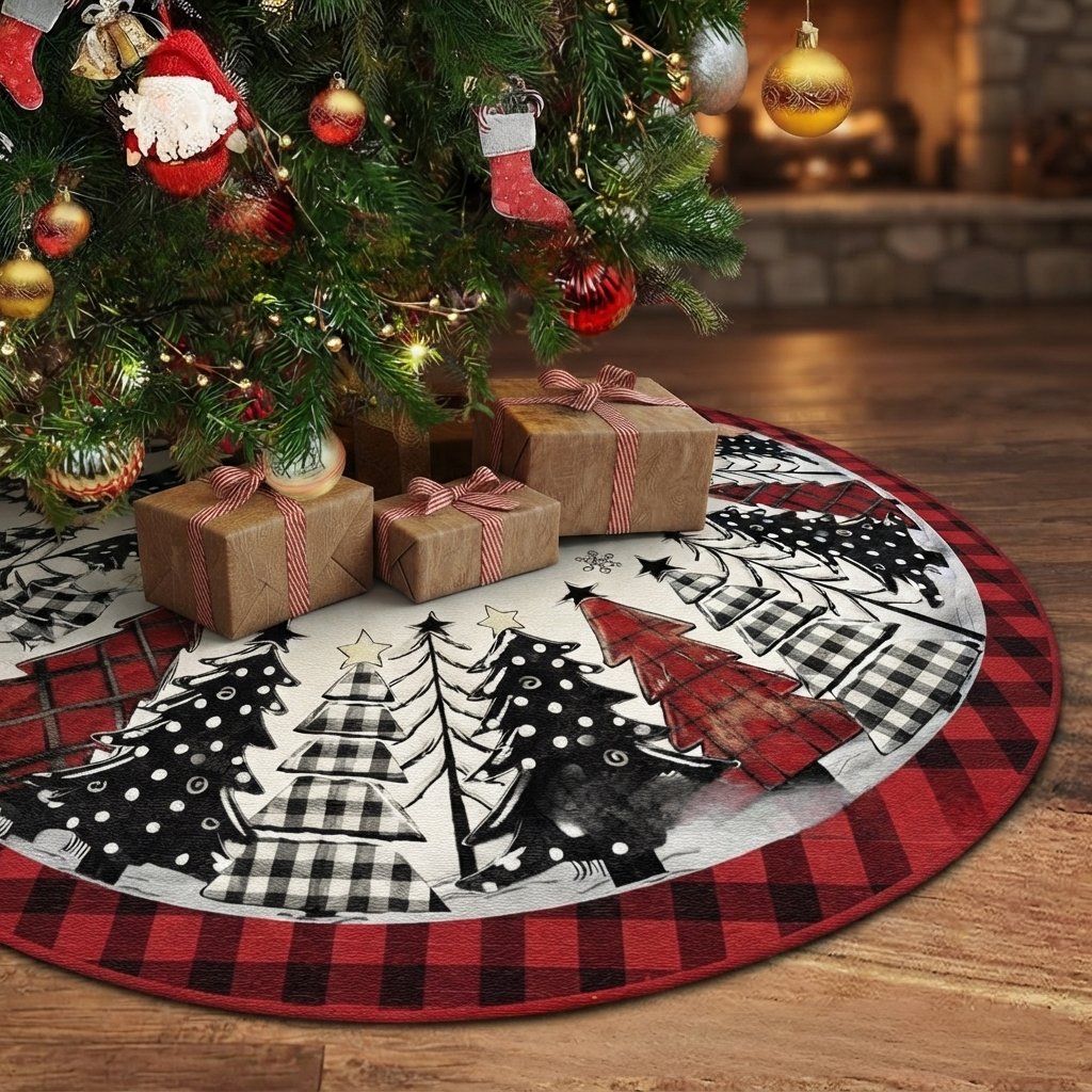 Christmas Tree Skirt, Buffalo Check Patchwork, Round Fabric — 91.44 cm / 36 in Round