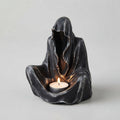 Cloaked Figure Tealight Holder – Gothic Resin Sculpture — Obsidian Silver