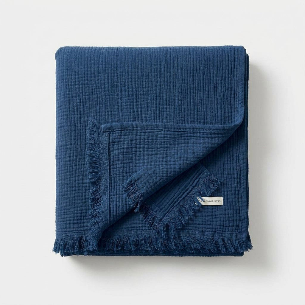 Cotton Crinkle Throw with Tassels, 100% Cotton — Midnight Blue