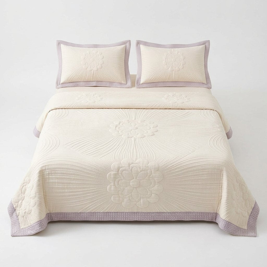 Cotton Summer Coverlet with Floral Texture, UK Sizes — With Pillowcases