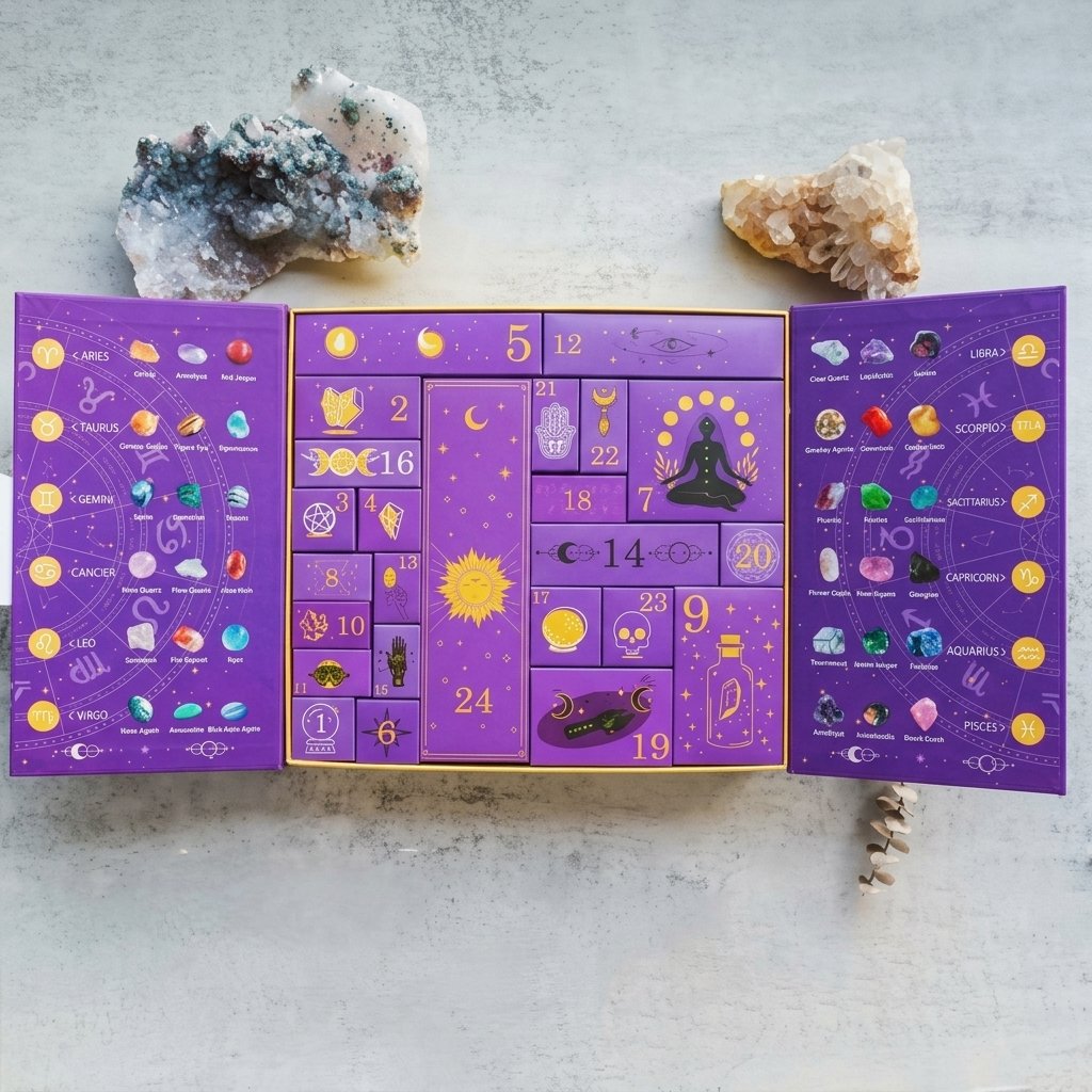 Crystal Advent Calendar with 24 Gemstones, Carved Figurines and Zodiac Reference Charts — 1 SET