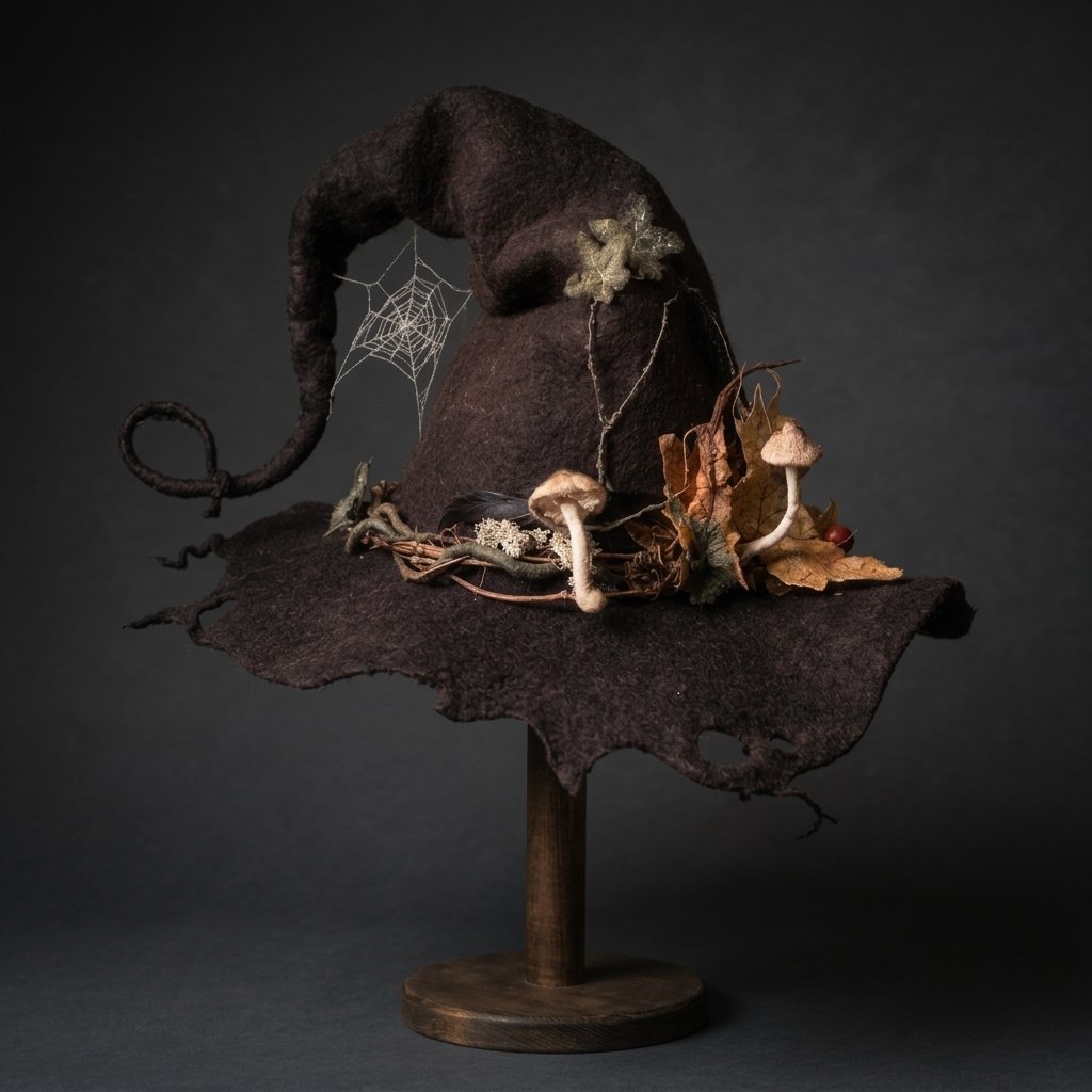Decorated Witch Hat with Felted Wool, Forest Embellishments and Whimsical Curled Tip — Brown