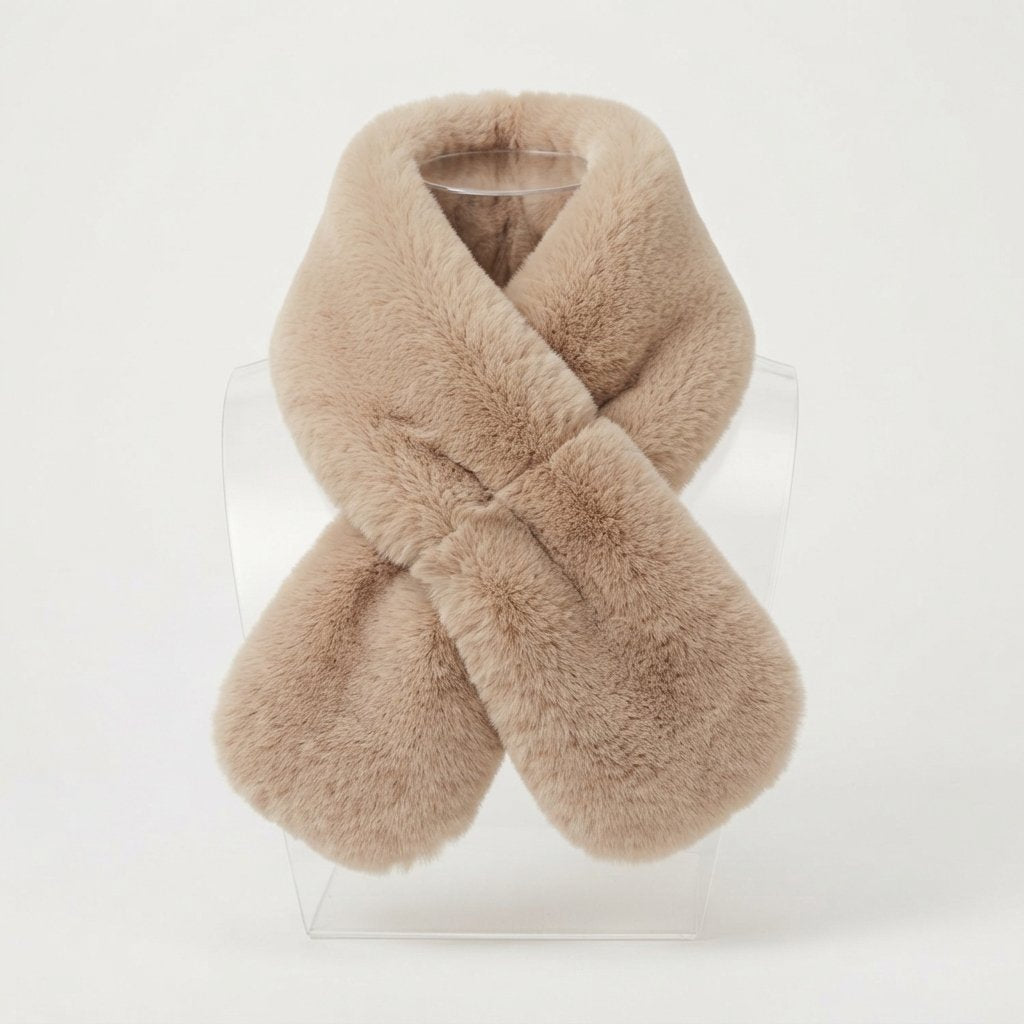 Faux Rabbit Fur Collar Scarf – Plush Knit-Backed — Beige