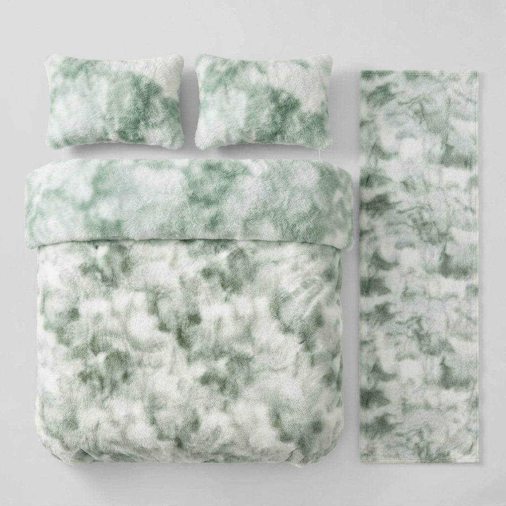 Faux Rabbit Velvet Duvet Cover Set, 4-Piece Winter Bedding — Multicolour green