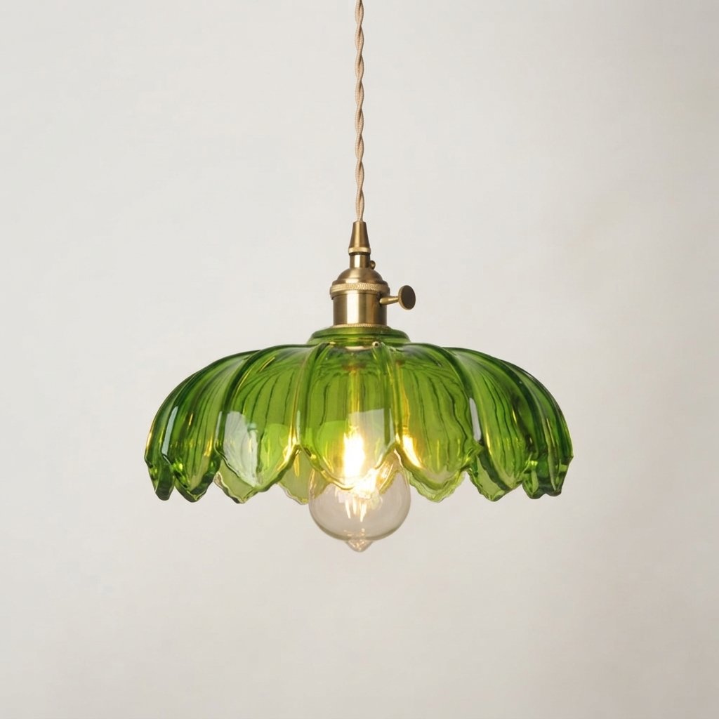 Floral Glass Pendant Light with Brass Fitting — Green
