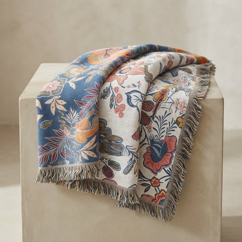 Floral Jacquard Cotton Throw Blanket with Fringe Trim — 200 x 230 cm