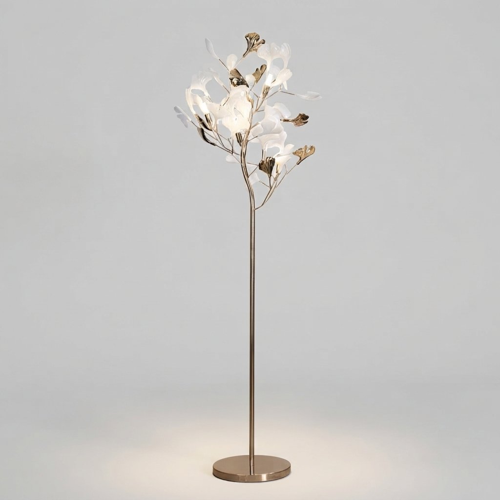 Ginkgo Leaf Floor Lamp with Ceramic Shades, Gold — Metal