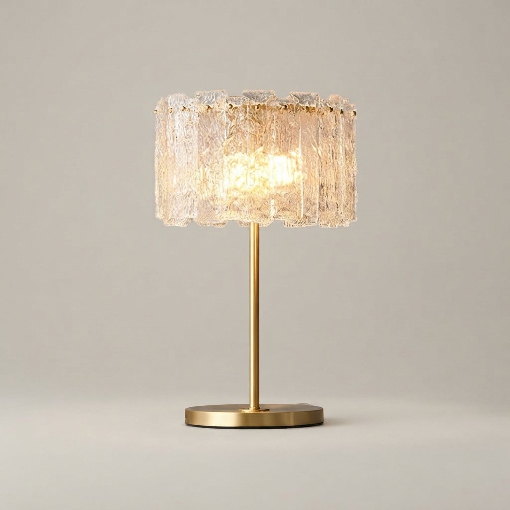 Glass & Brass Table Lamp with Textured Ice-Glass Shade — Brass & Clear