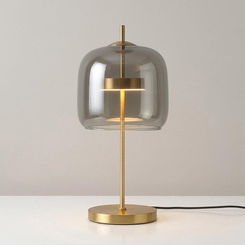 Glass Dome Table Lamp with Gold Iron Base, LED — Smoke Grey