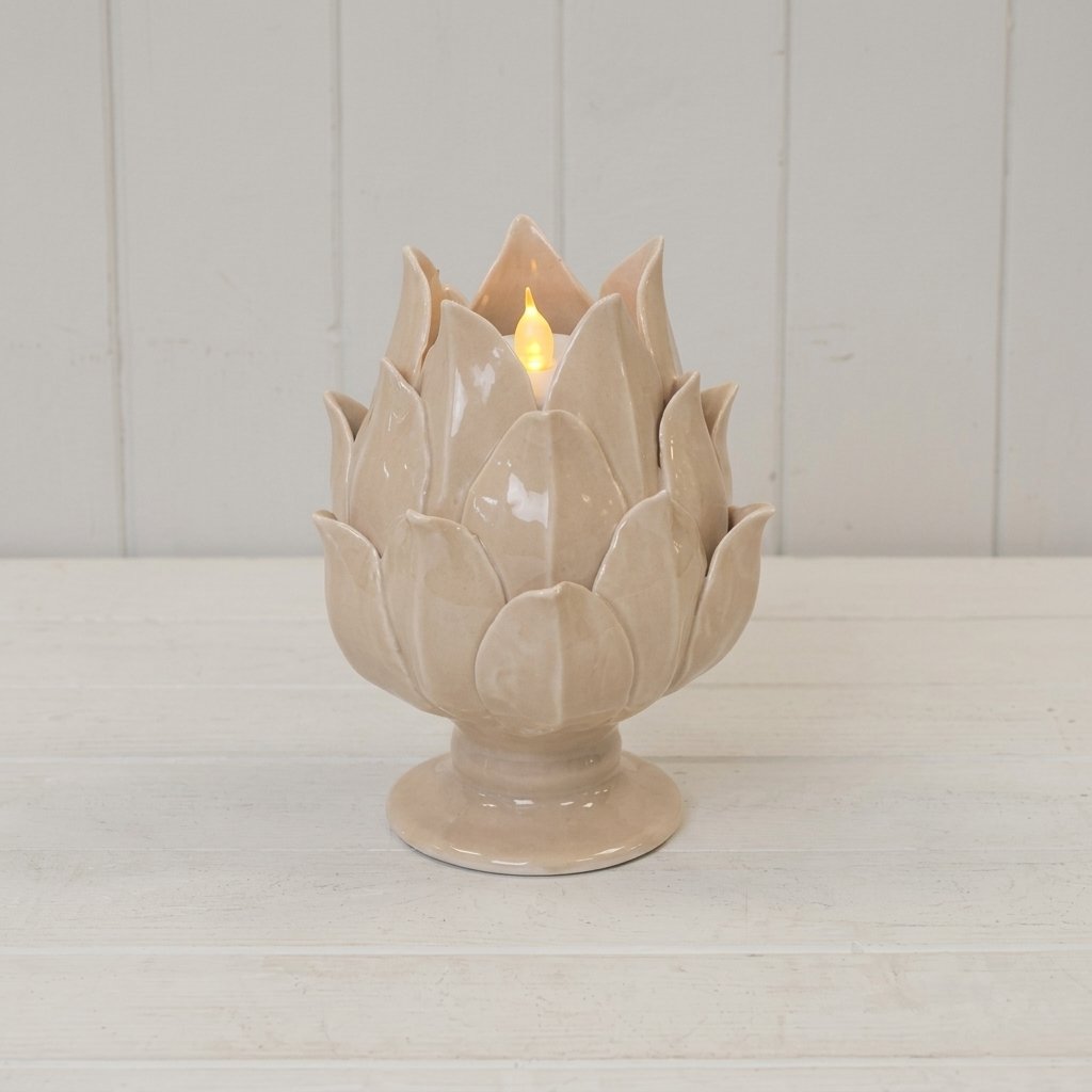 Glazed Artichoke Ceramic Tealight Holder — Beige