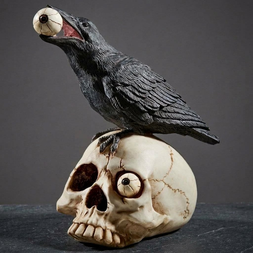 Gothic Raven and Skull Resin Sculpture with Eyeball Detail — Default
