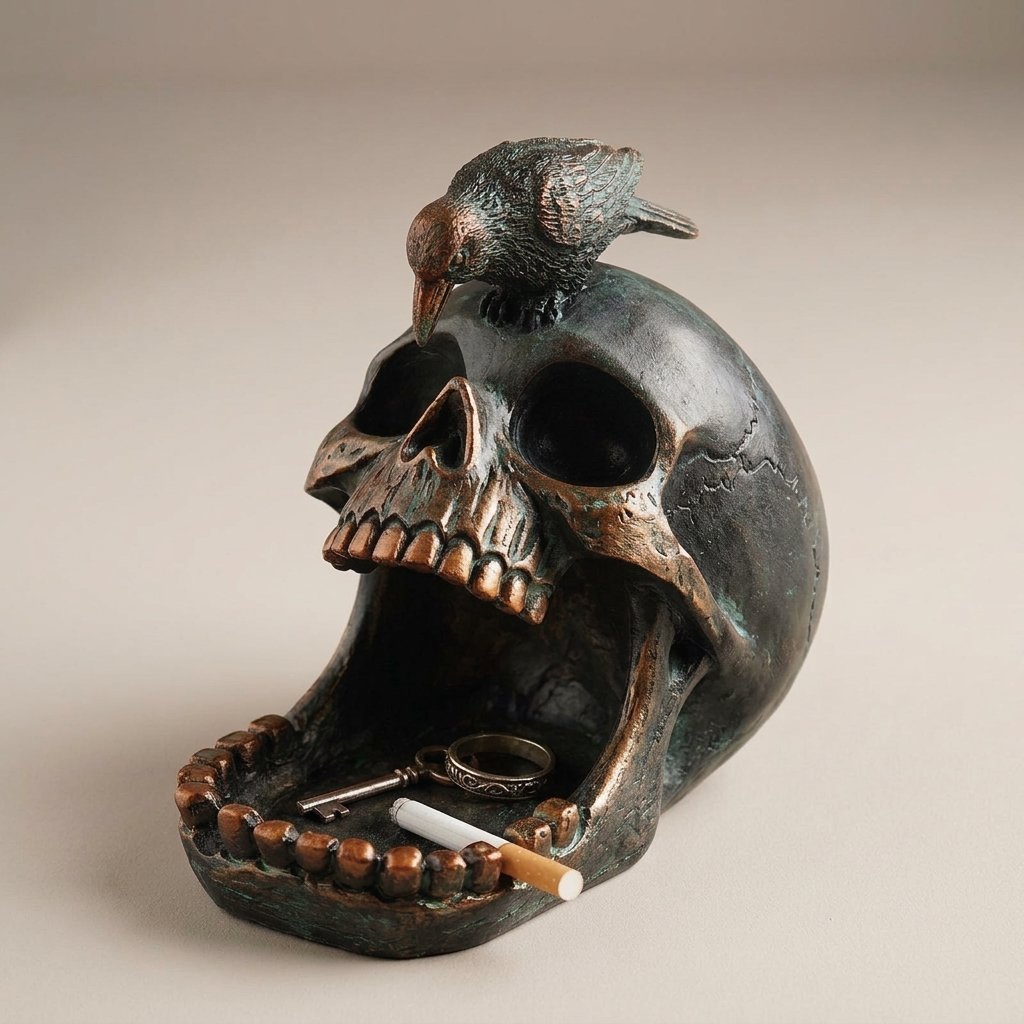 Gothic Skull and Raven Decorative Resin Tray with Dark Weathered Finish — Default