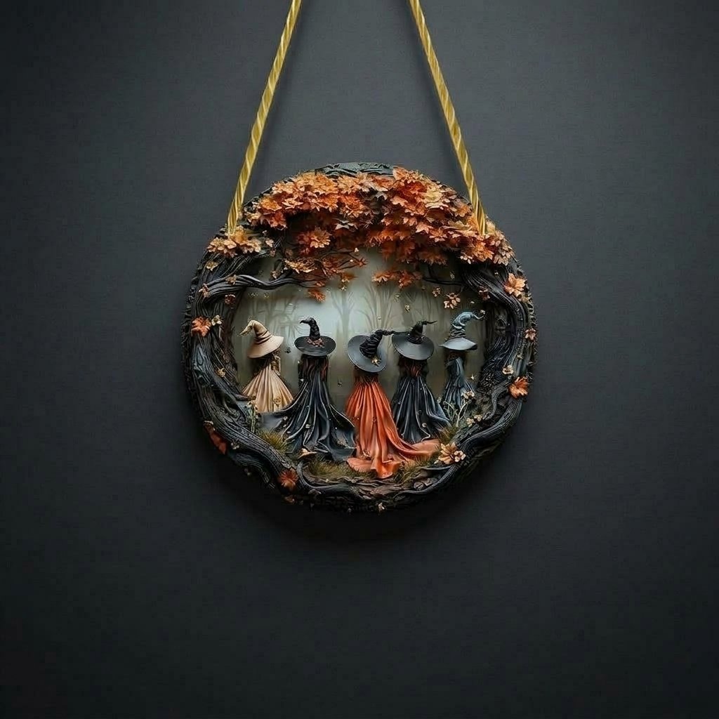 Halloween 3D Relief Witch Wall Plaque with Gnarled Branch Border and Rope Hanger — Witch Silhouette