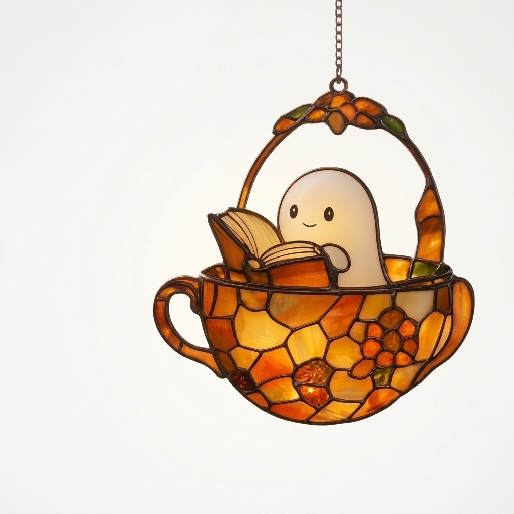 Halloween Ghost Suncatcher – Stained-Glass Style Teacup Window Hanging with Book Design — Happy Reader