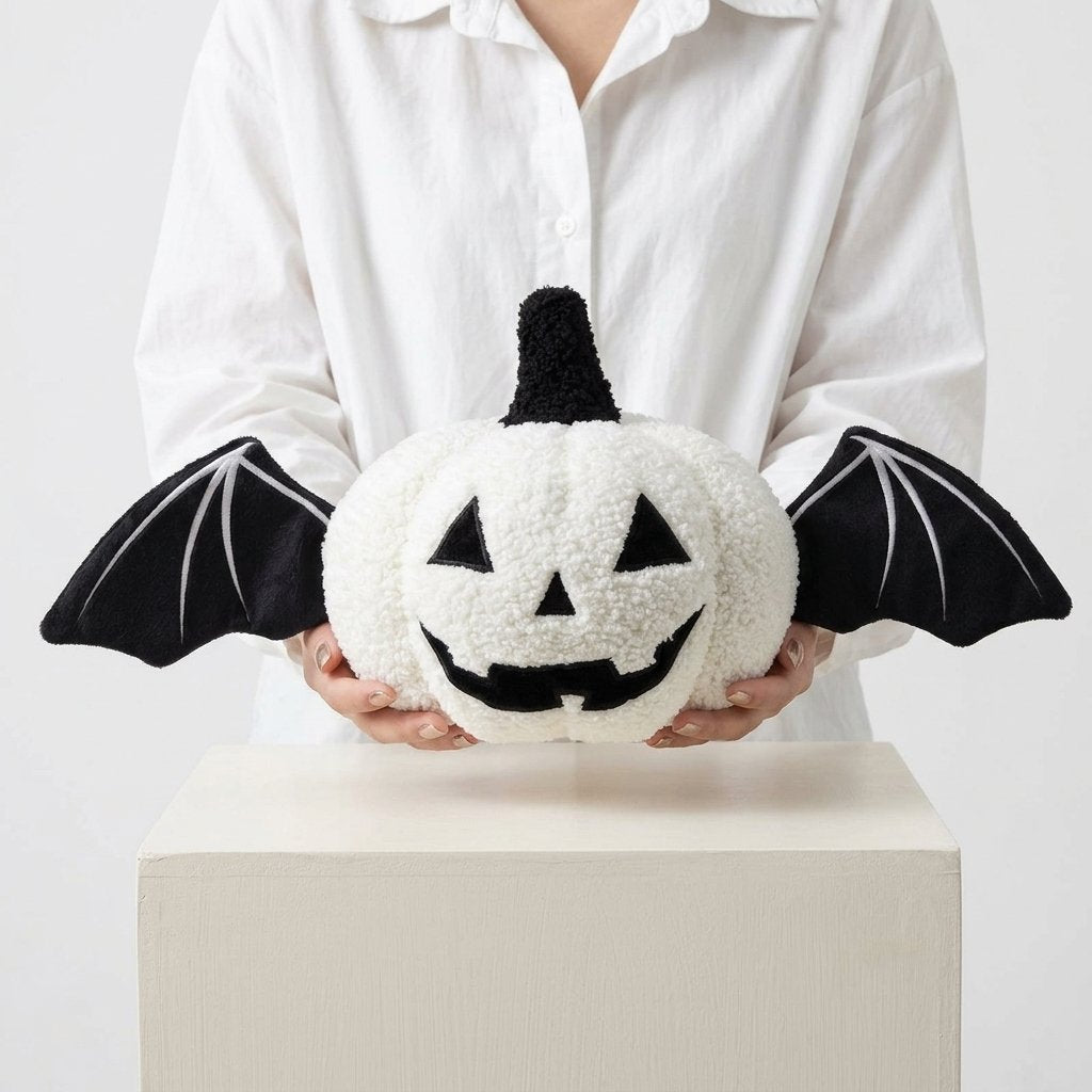 Halloween Pumpkin Plush Cushion with Bat Wings — White