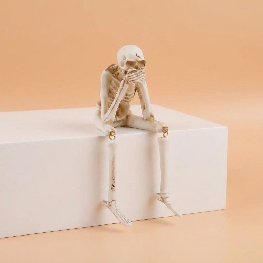 Halloween Skeleton Shelf Sitter Set of 3 with Dangling Legs – See No Evil, Hear No Evil, Speak No Evil Figurines — Cream White