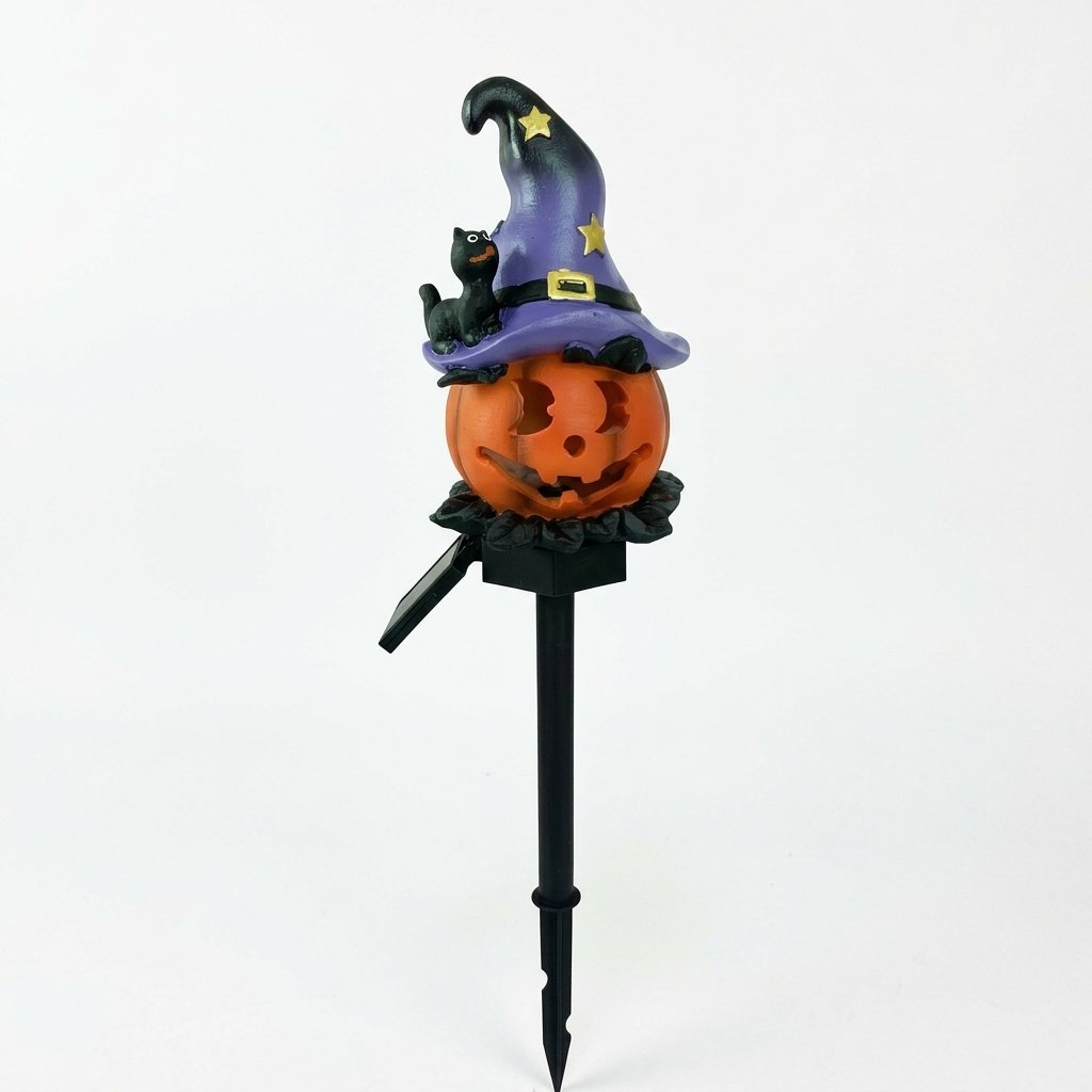 Halloween Solar Garden Stake Light – Resin Character Design with Auto On Glow — Wizard Pumpkin