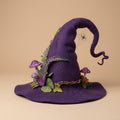 Handmade Felted Wool Witch Hat with Spiderweb Embroidery and Floral Accents — Purple