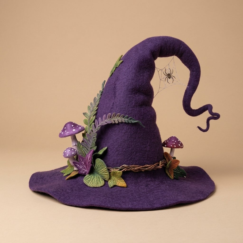 Handmade Felted Wool Witch Hat with Spiderweb Embroidery and Floral Accents — Purple