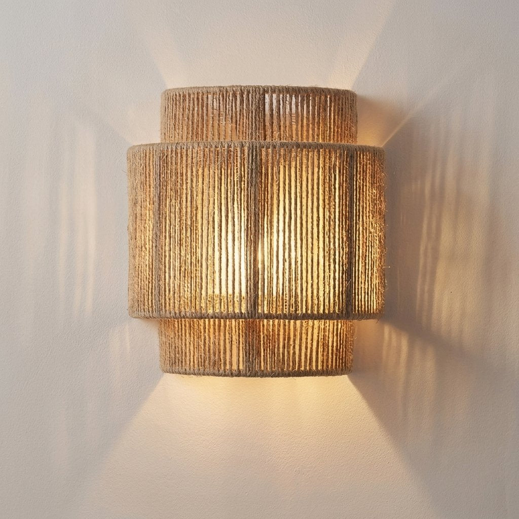 Handwoven Rattan Wall Light, Rustic Boho Sconce — W 23cm x D 12cm x H 25cm (W 9.1" x D 4.7" x H 9.8")