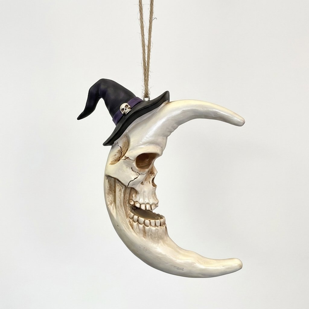 Hanging Crescent Moon Skull Decoration with Witch Hat – Halloween Horror Ornament — Default
