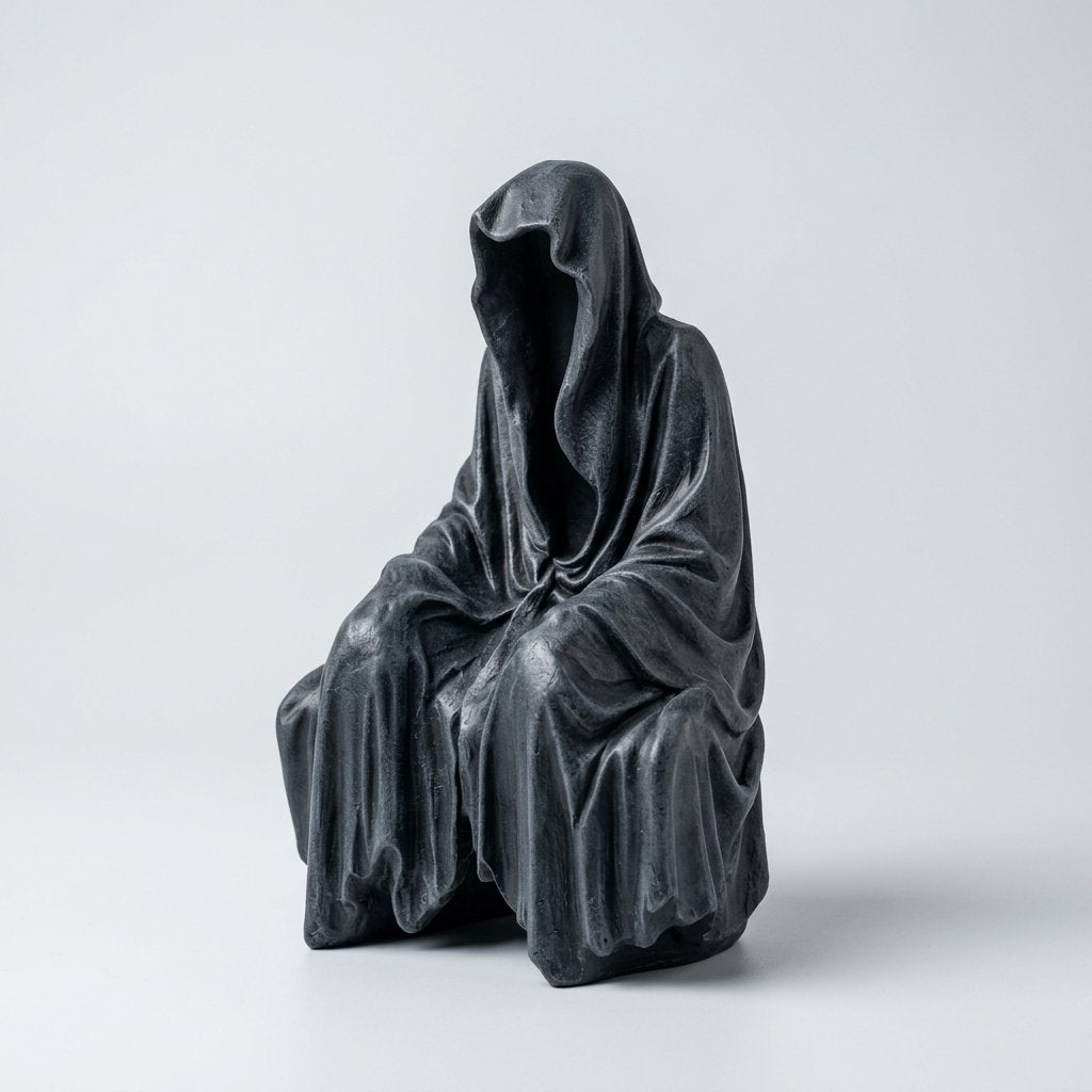 Hooded Grim Reaper Shelf Sitter Figurine – Faceless Gothic Resin Statue for Shelves and Desks — 13cm