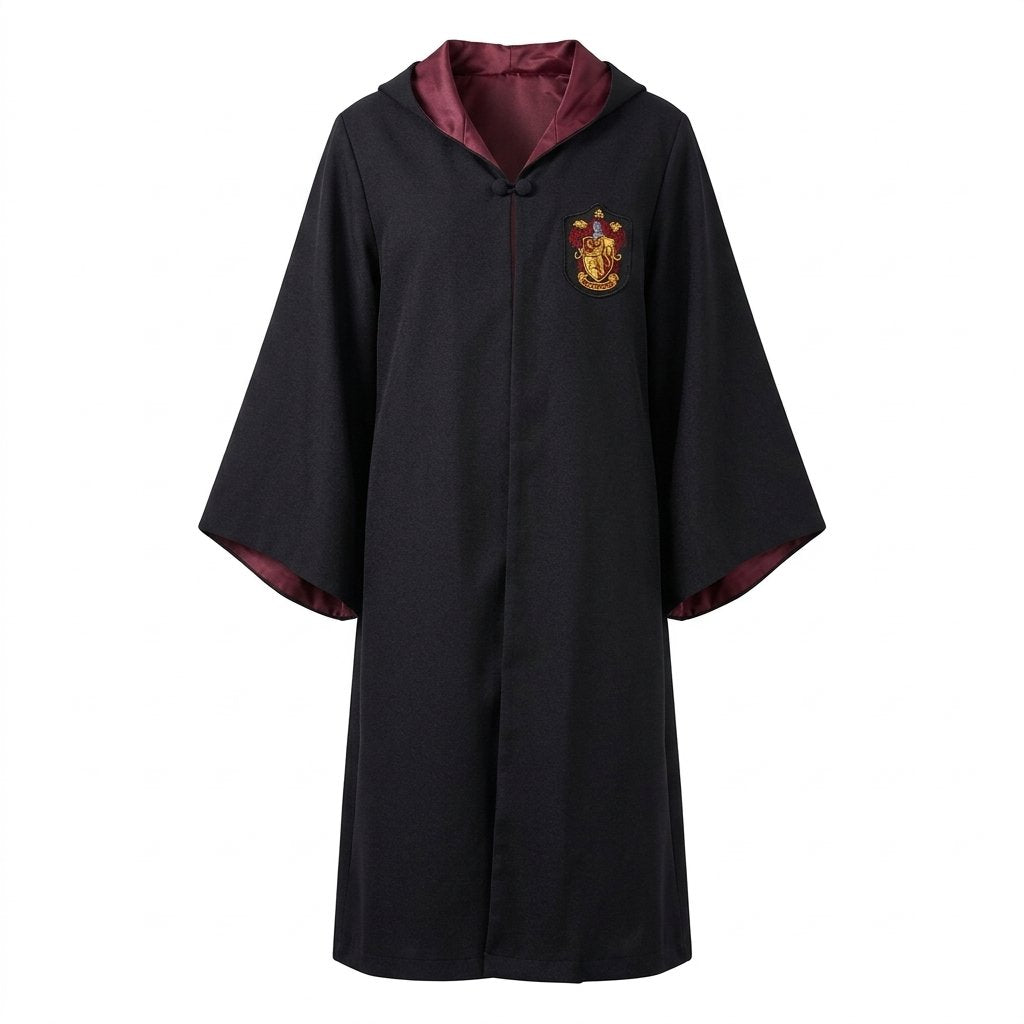 Hooded Wizard School Robe with Embroidered House Crest, Wand, Tie and Glasses — Gryffindor