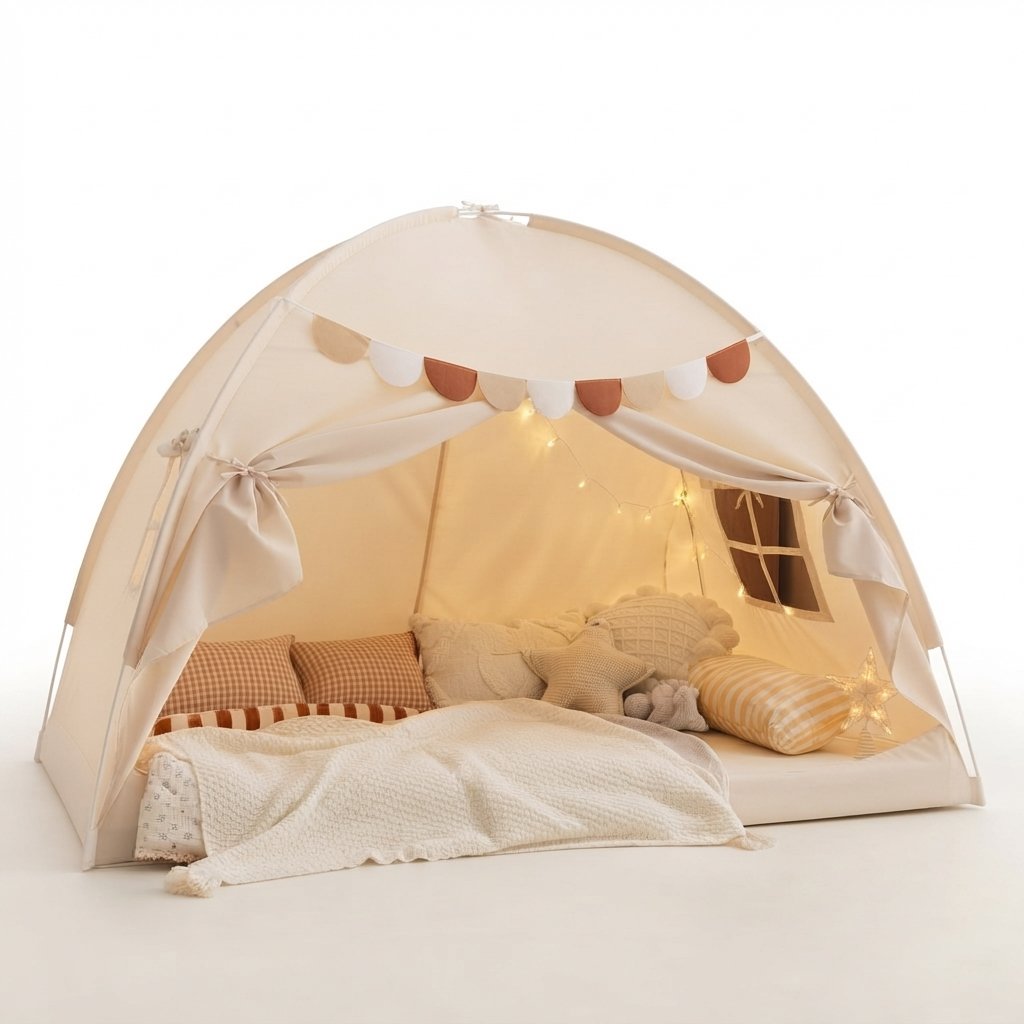Kids Bed Play Tent with Star Lights and Flags — Beige