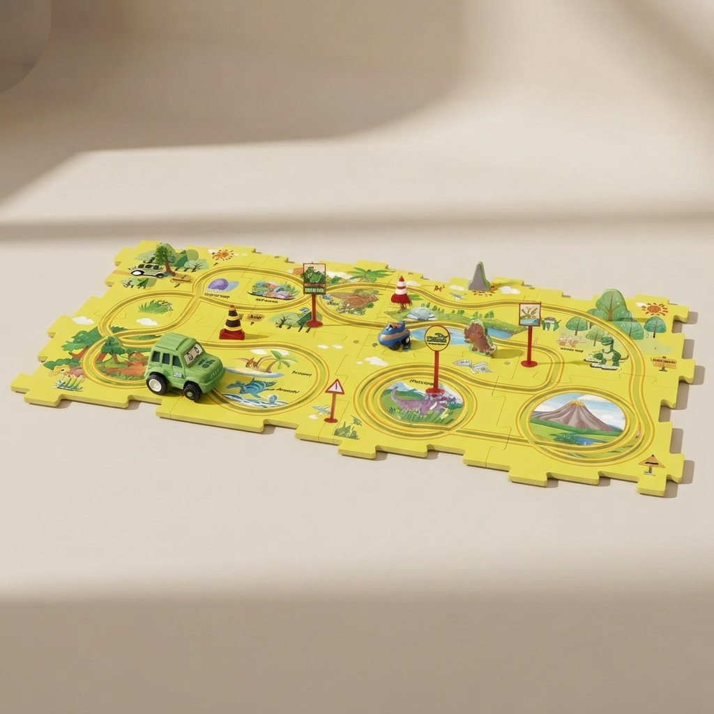 Kids Electric Car Track Set with Puzzle Pieces, Ages 4–6 — Dinosaur