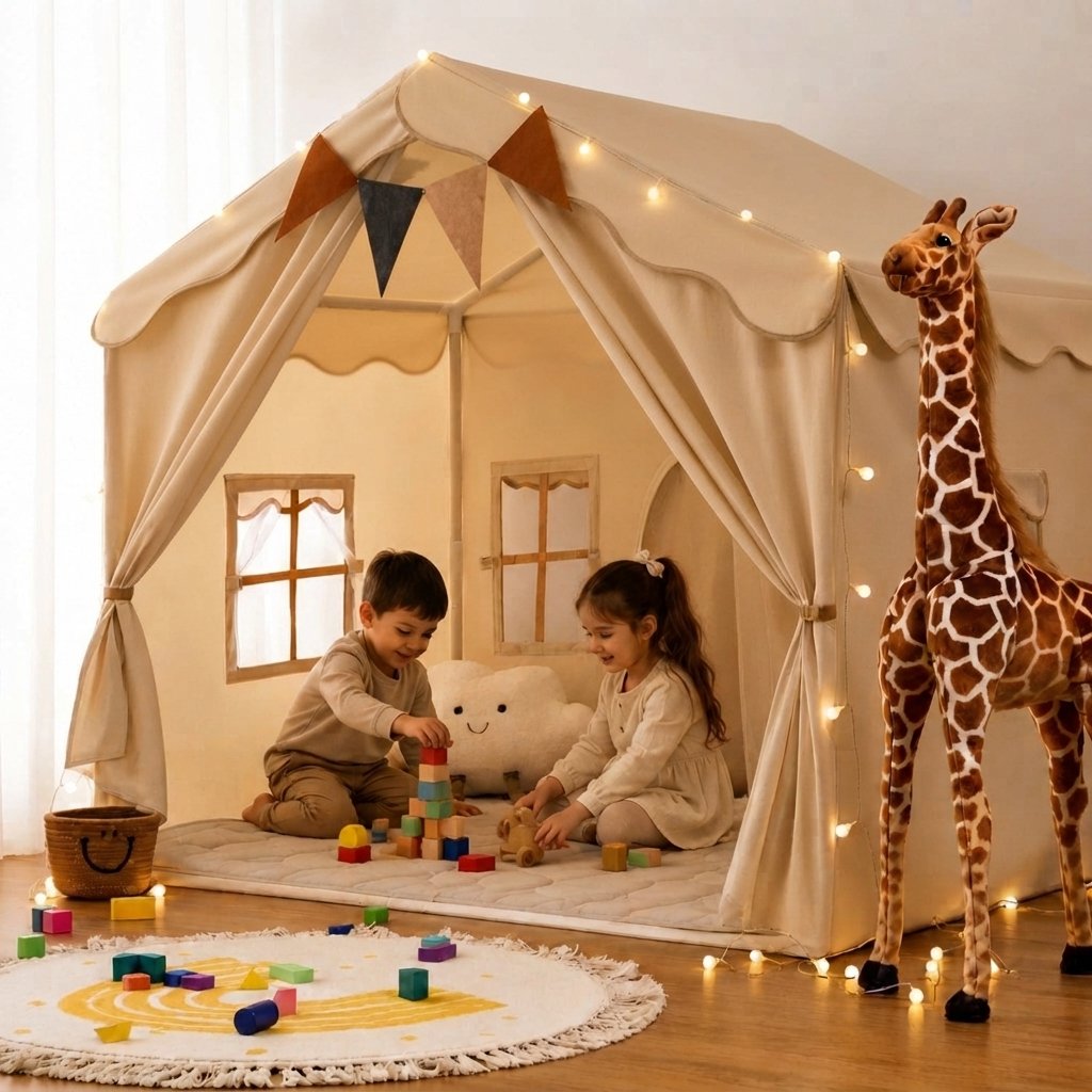 Kids Indoor Play Tent with Lights and Padded Mat — Beige