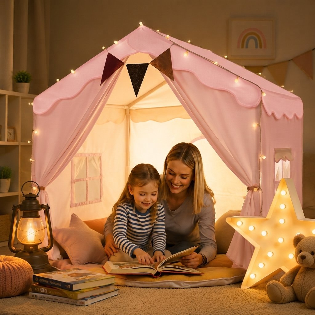 Kids Play Tent with Padded Mat and Fairy Lights – Pink — Pink