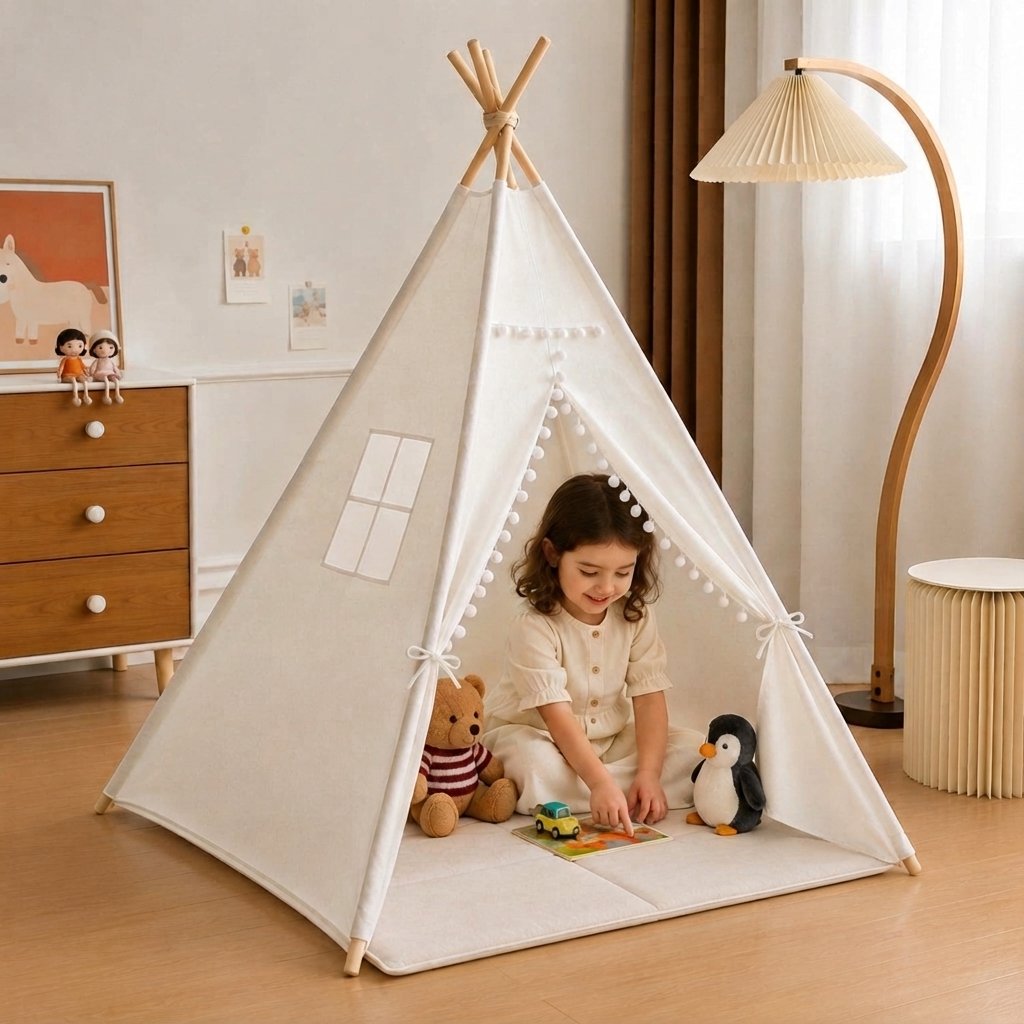 Kids Teepee Play Tent with Pom-Pom Trim, Cotton Canvas — 1.35m With Mat
