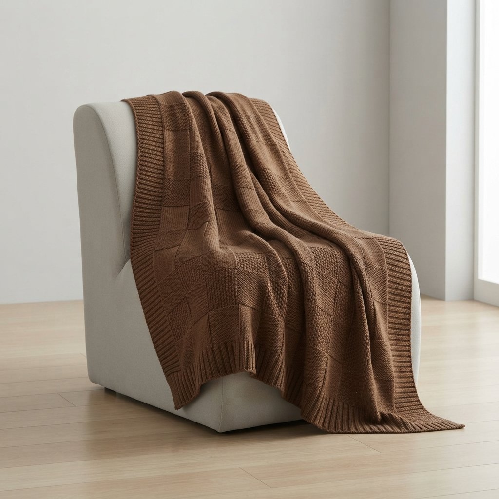Knitted Throw Blanket with Block Texture & Tassel Trim — Brown