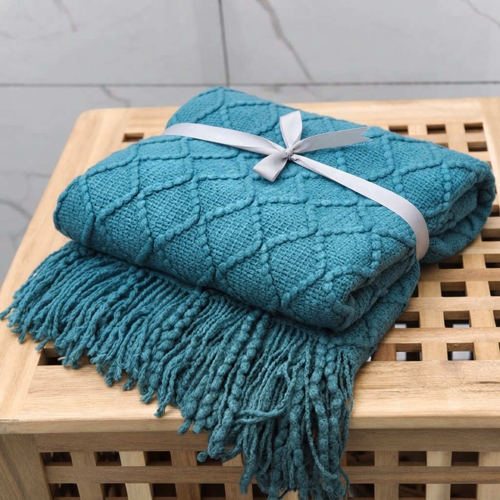 Knitted Throw Blanket with Tassels – Diamond Weave — Cyan Blue