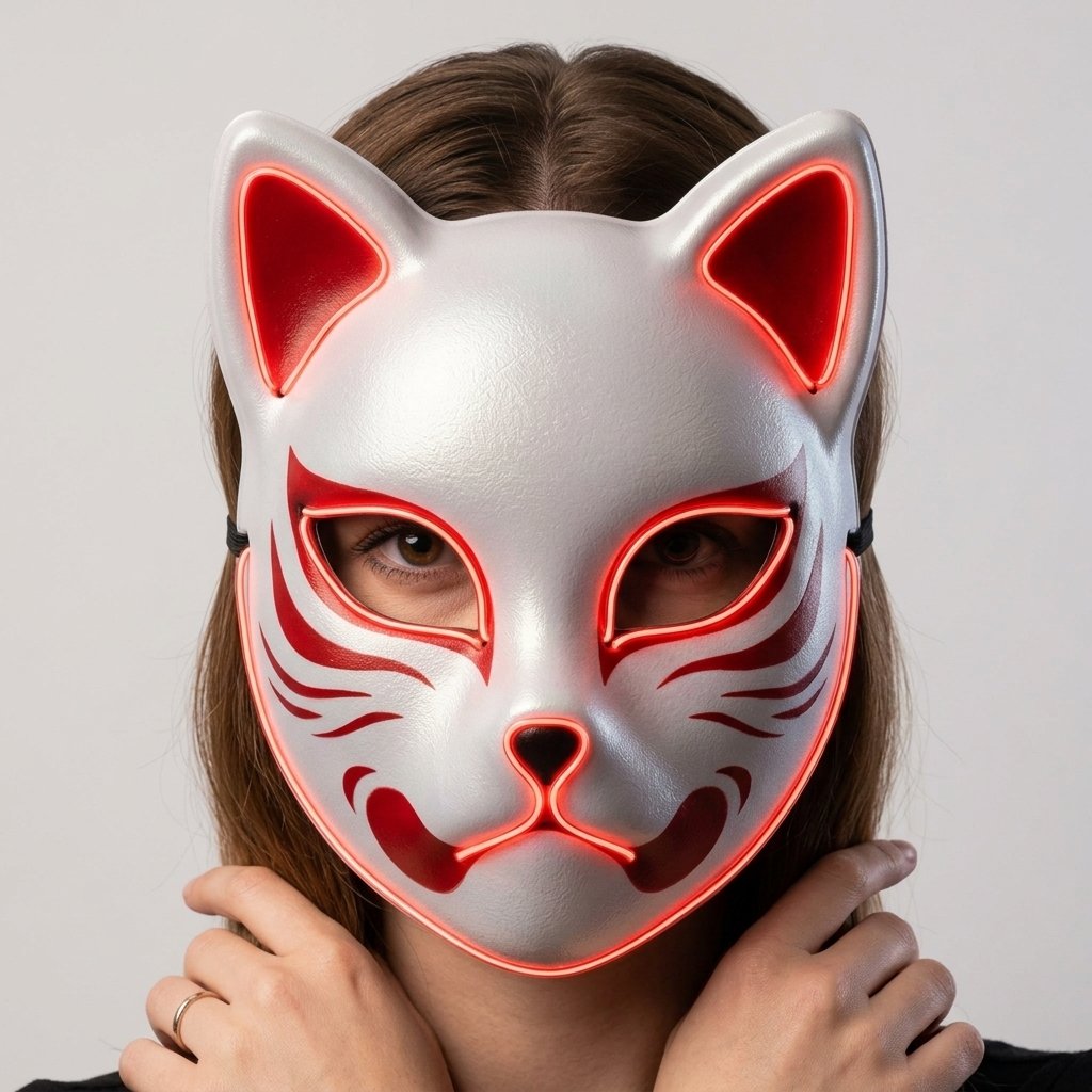 LED Kitsune Fox Mask with EL Wire Glow and Anime-Inspired Design — Red