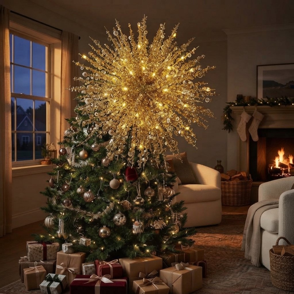 LED Starburst Christmas Tree Topper with Glitter Strands — Gold