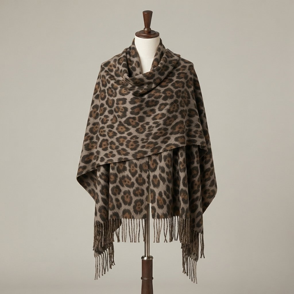 Leopard Print Oversized Shawl Wrap with Tassels — Khaki