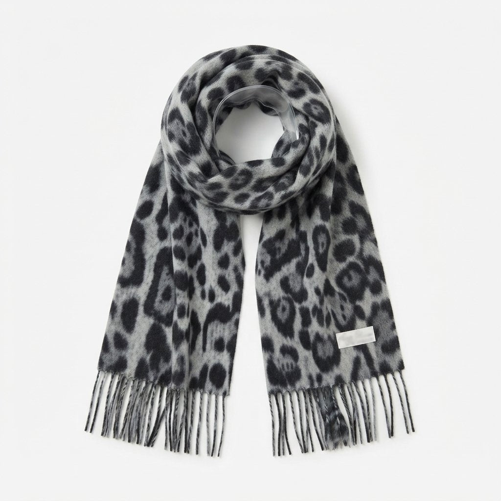 Leopard Print Tassel Shawl Scarf with Faux Cashmere Feel — Grey