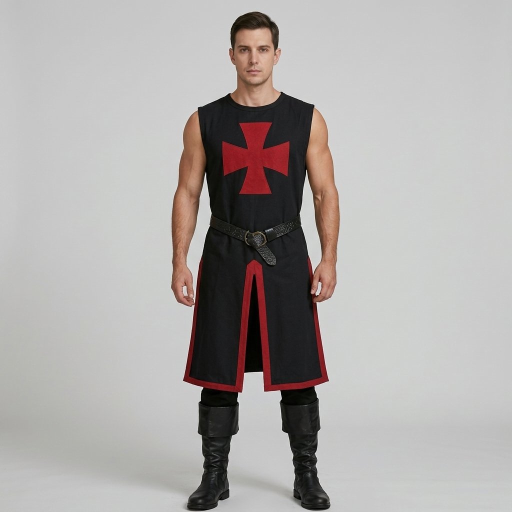 Medieval Crusader Knight Tunic Costume with Cross Pattée Design and Split Hem Panels — Black/Red