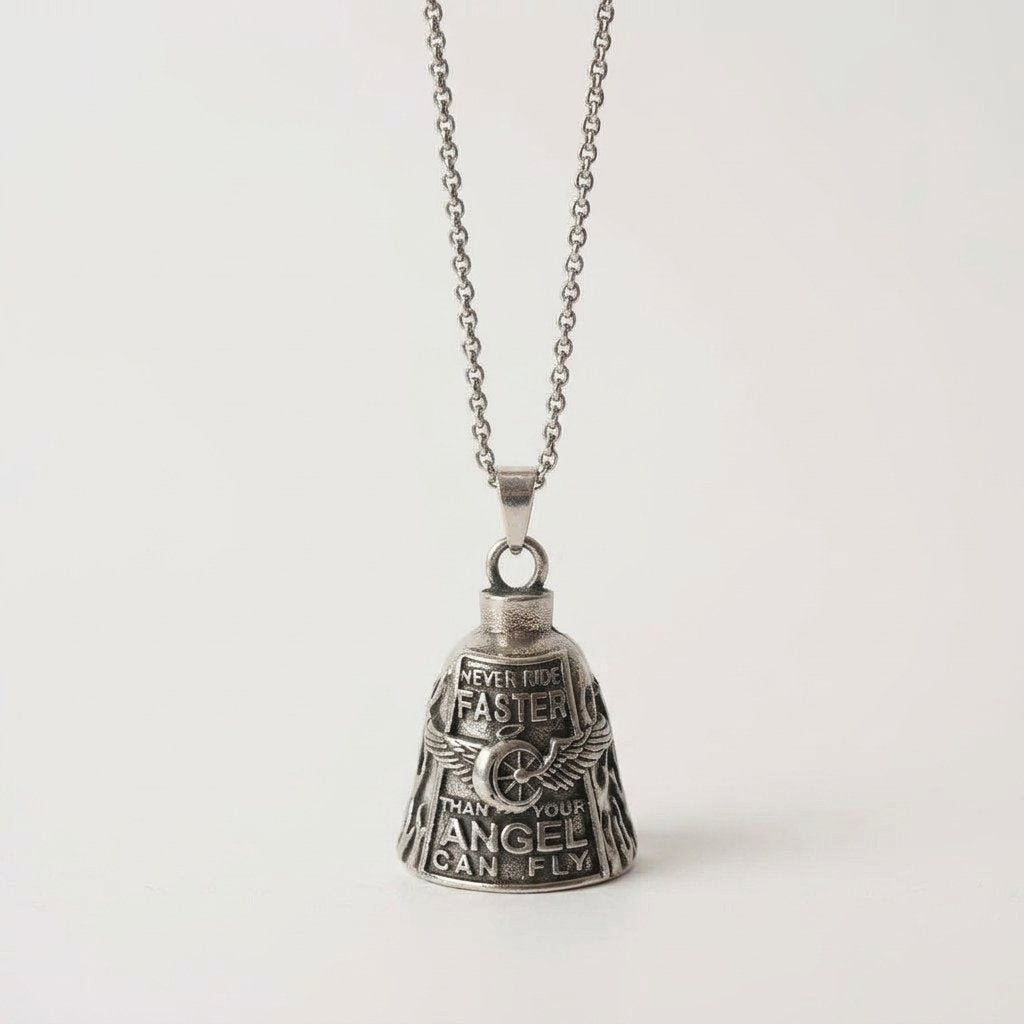 Motorcycle Guardian Bell Charm with Winged Wheel Motif – Antique Silver Alloy Pendant, Keyring and Box Chain Set — Silver