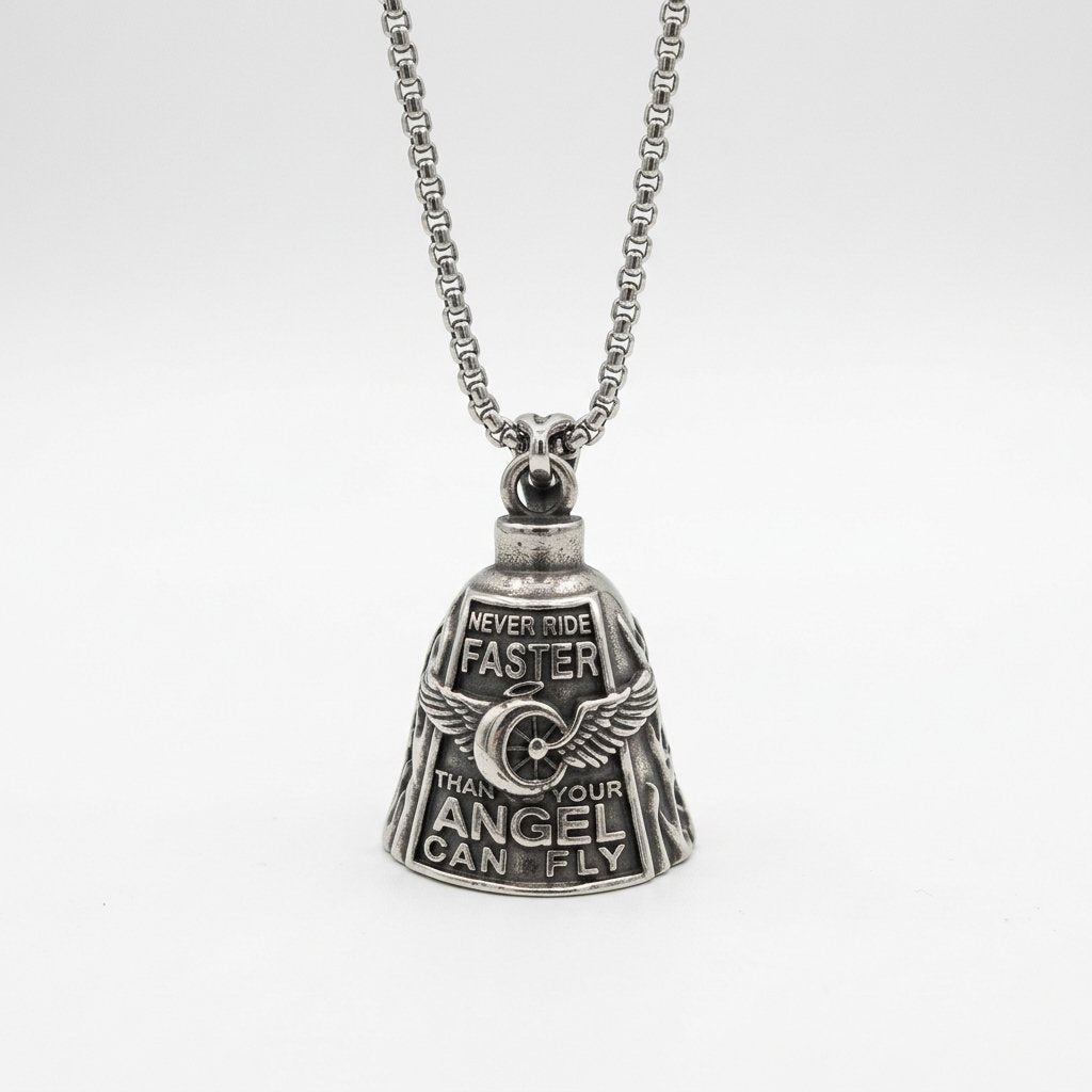 Motorcycle Guardian Bell with Winged Wheel Design – Biker Good Luck Charm with Keychain and Necklace — Bell Necklace