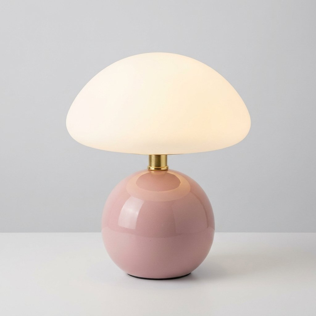 Mushroom Table Lamp with Frosted PVC Shade and Ceramic Base — Pink